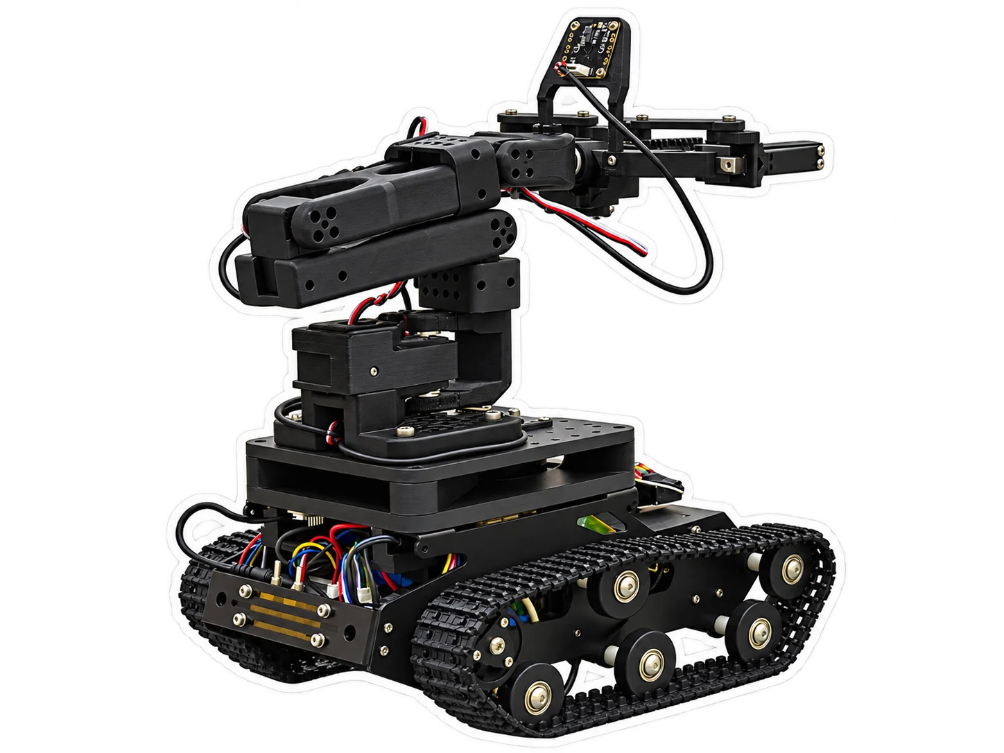LeRoach, the robot: a tracked base carrying an arm